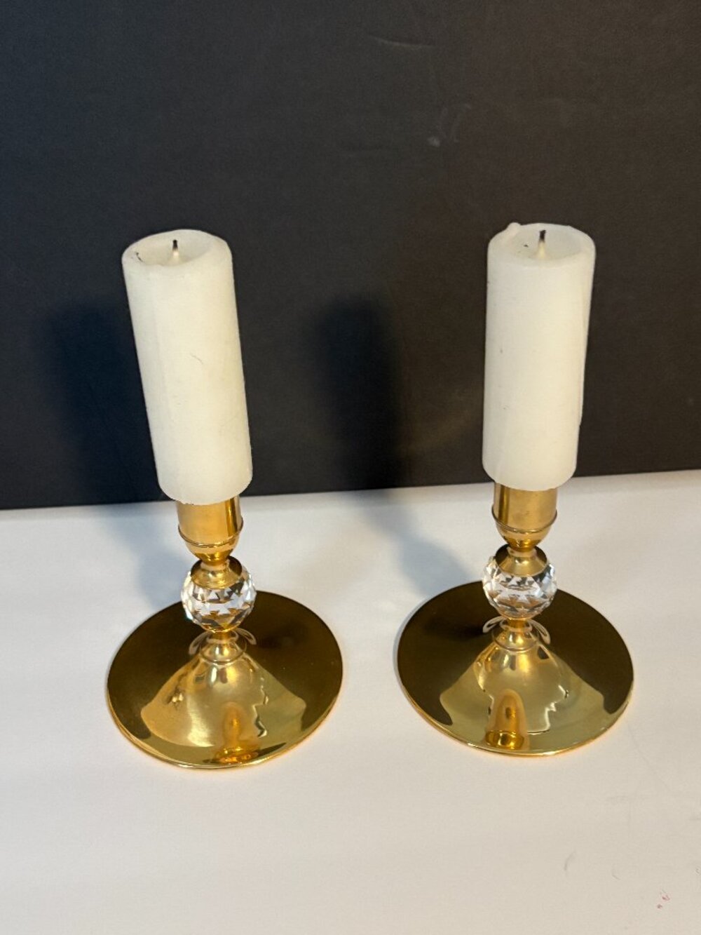 Vintage Valerio Albarello Gold Plated Brass w/Swarovski Crystal 2 Candle Holders